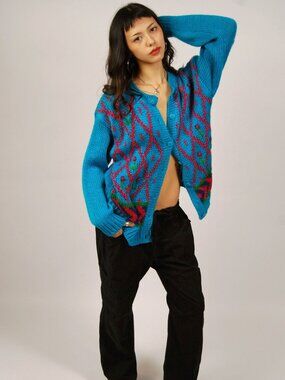80s Geometric Cardigan Sweater (M) medium blue red vintage mens argyle smart